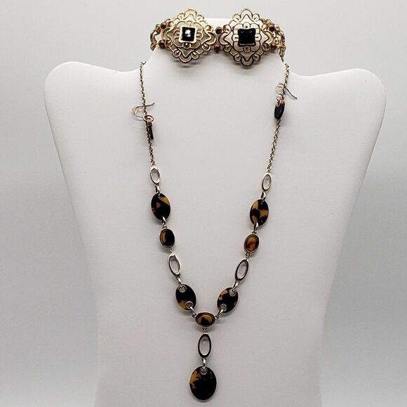 Vintage Costume Tigers Eye Tear Drop Necklace Earring Set & Black Gold Bracelet - Picture 13 of 13